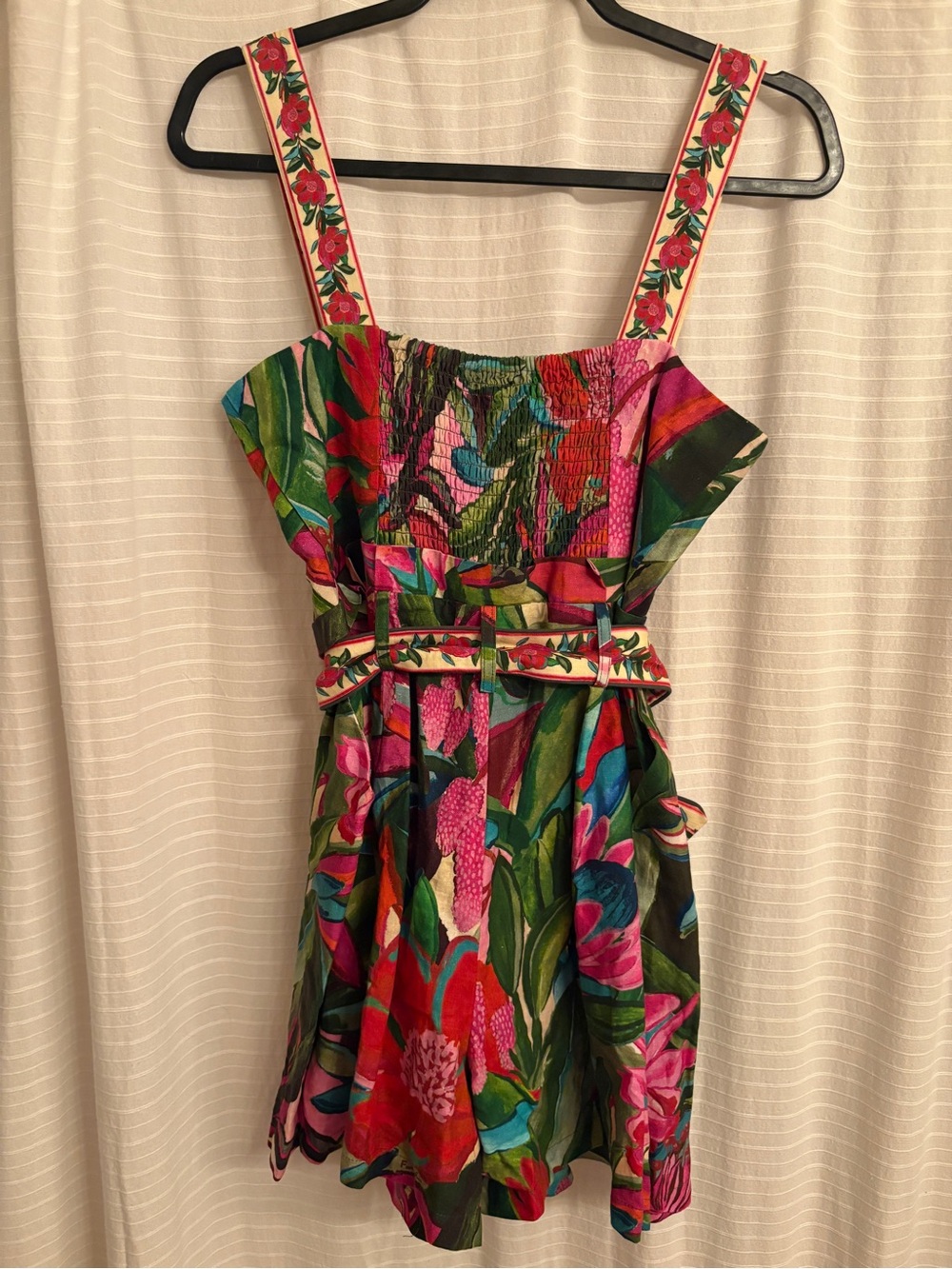 FARM RIO Jardin De Reve Linen Blend Romper Size Small Pink Green Multicolor NWT - Picture 6 of 7